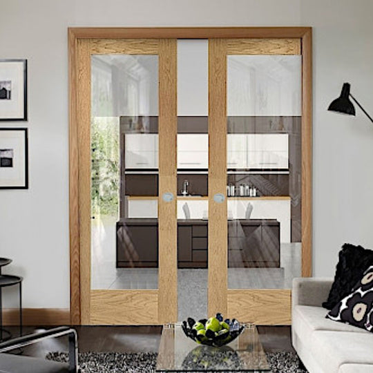 Oak Pattern 10 Clear Glazed Double Fire Rated Pocket Door Set