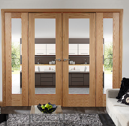 Oak Pattern 10 Clear Glazed French Doors with Side Panels