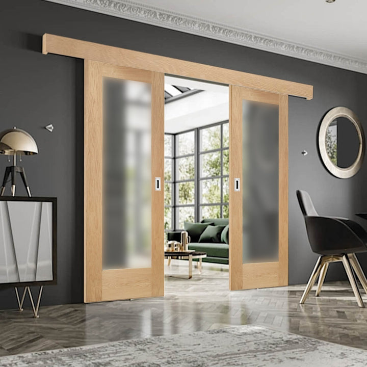 Pattern 10 Oak Double Sliding Door System Obscure Glazed