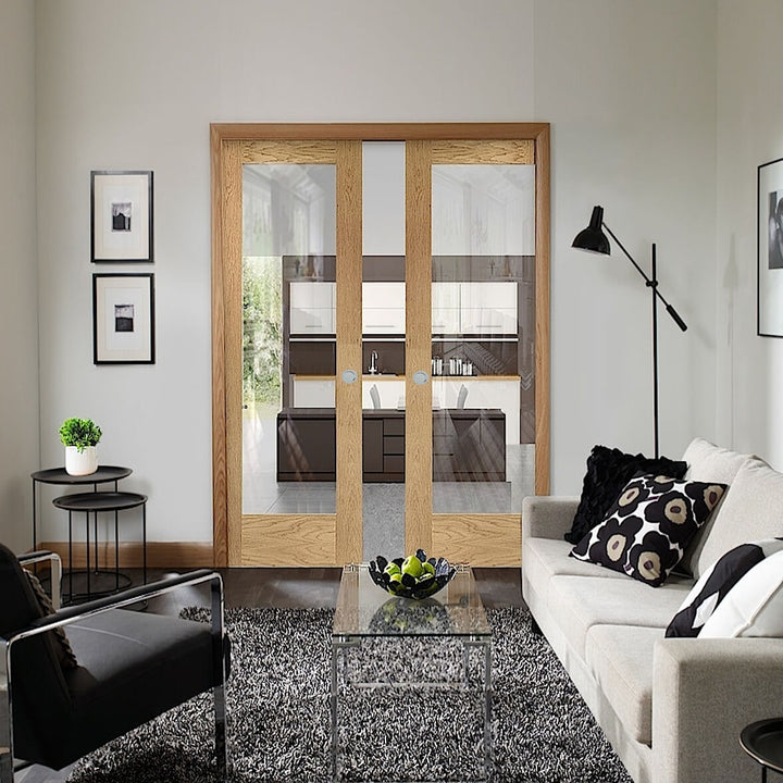 Pattern 10 Oak Clear Glazed Double Pocket Doors 