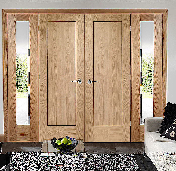 Oak Pattern 10 Panelled French Doors with Side Panels 