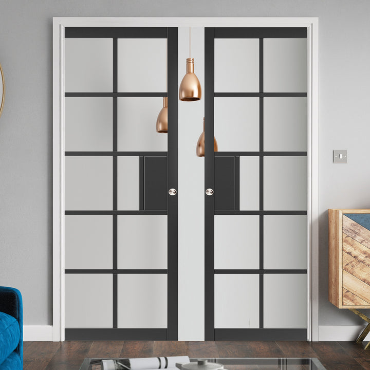 Plaza Black Double Industrial Style Glazed Pocket Door Set 