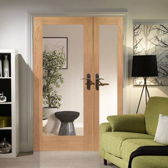 Oak Pattern 10 Glazed Offset French Doors with Demi Panel