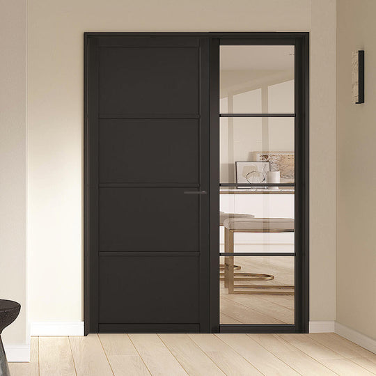 Black Soho 4P/4L Industrial Style Offset French Doors with Side Panel