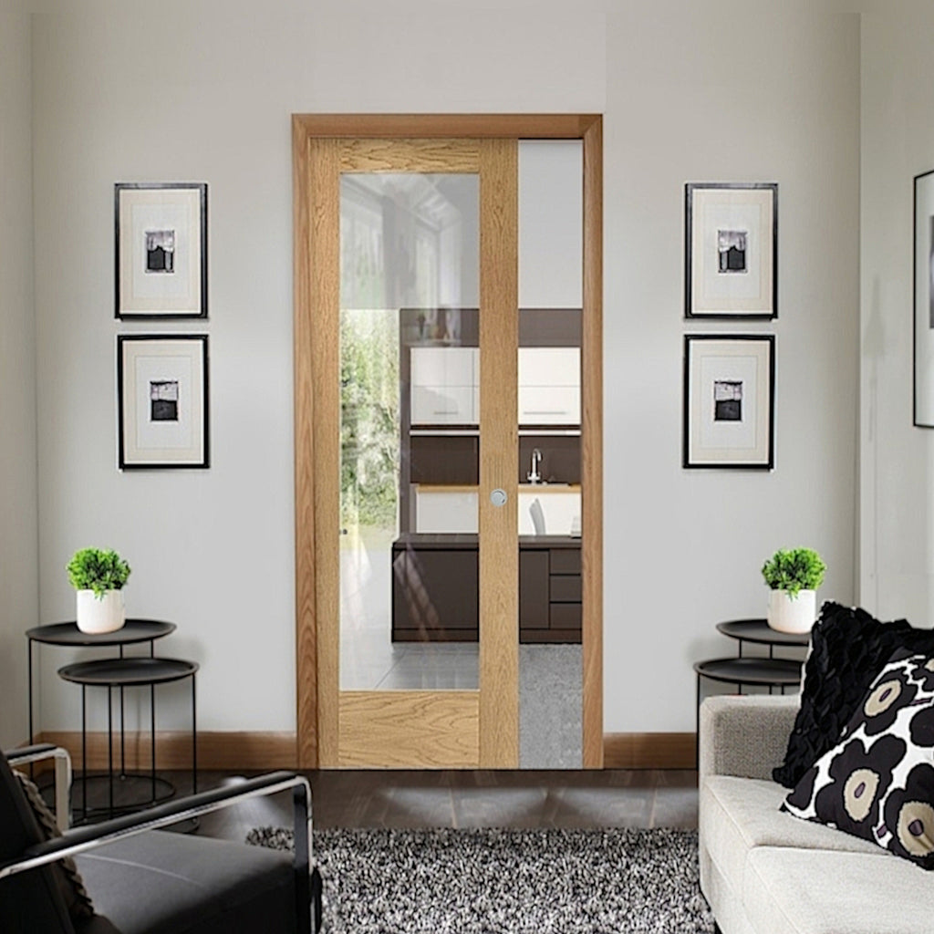 Oak Pattern 10 Clear Glazed Fire Rated Pocket Door System 