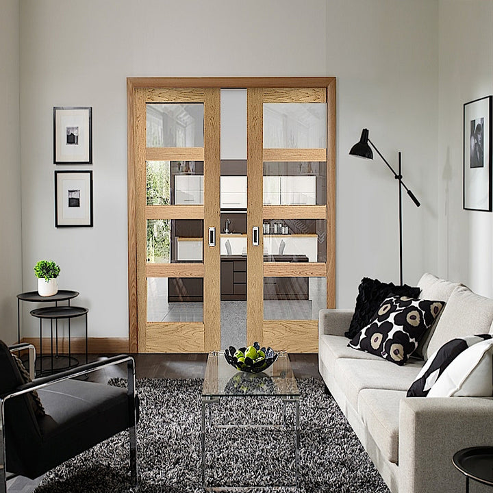 Shaker Oak Clear Glazed Double Pocket Doors 