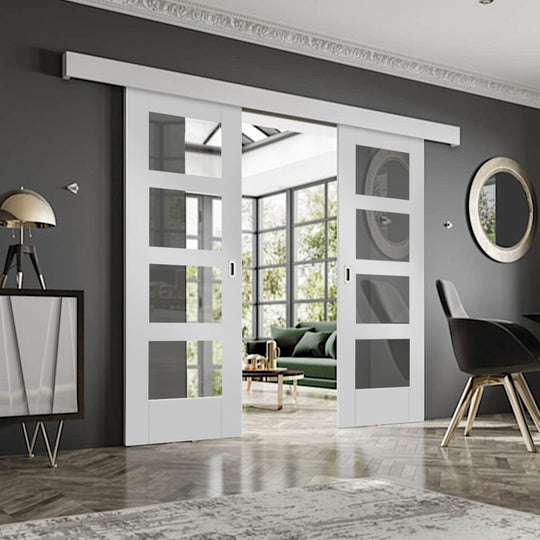 White Shaker Double Sliding Door System Clear Glazed