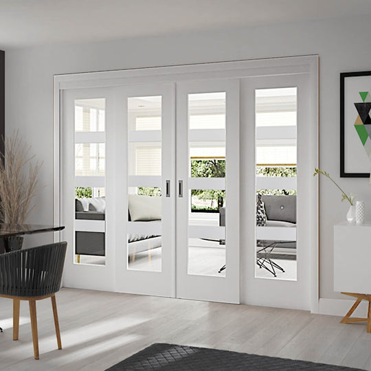 Sliding Room Divider with White Shaker Clear Glazed Doors