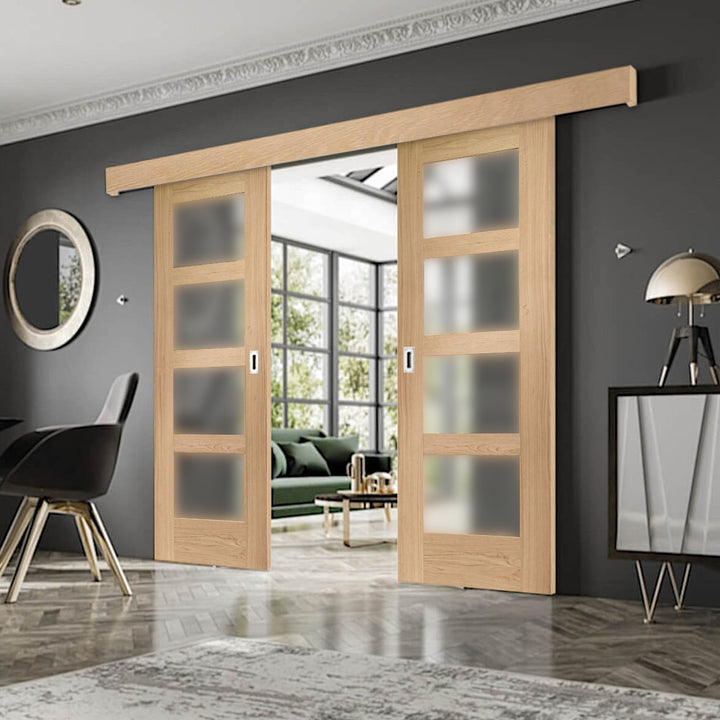 Shaker Oak Double Sliding Door System Obscure Glazed 