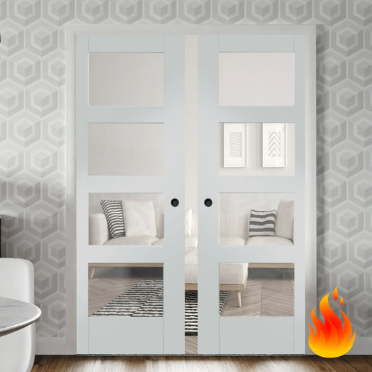 White Shaker 4L Clear Glazed Double Fire Rated Pocket Door Set