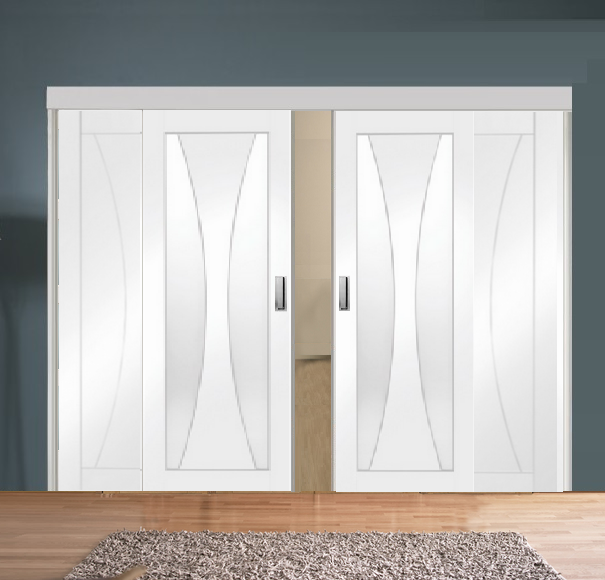 Sliding Room Divider with White Verona Glazed & Solid Panel Doors 