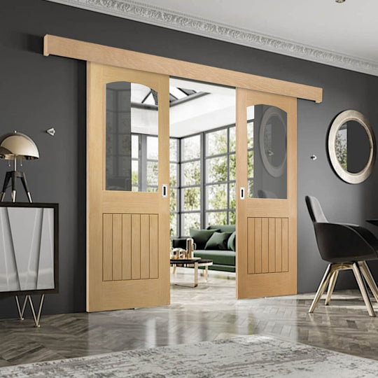 Sussex Oak Double Sliding Door System Clear Glazed