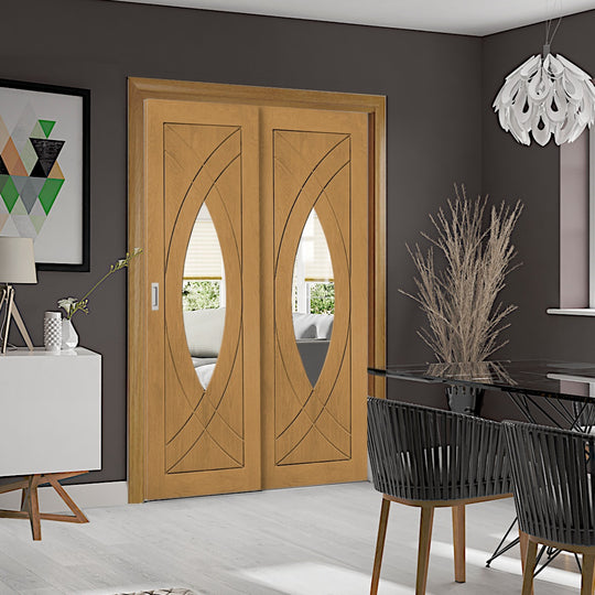 Oak Treviso Sliding Door with Fixed Side Panel