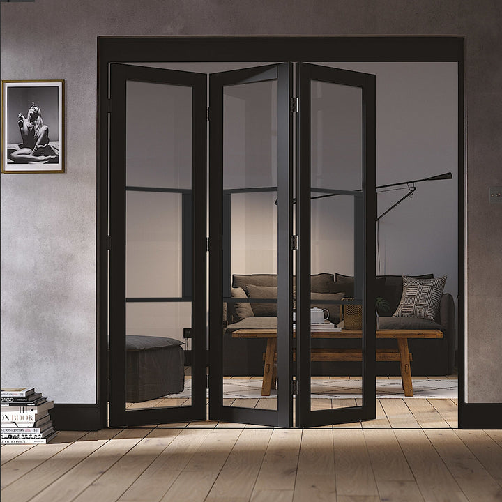 Black Tribeca 3 Door Industrial Style Folding Doors Clear Glazed