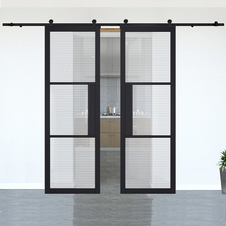 Tribeca Black Reeded Glazed Double Doors with Double Sliding Track