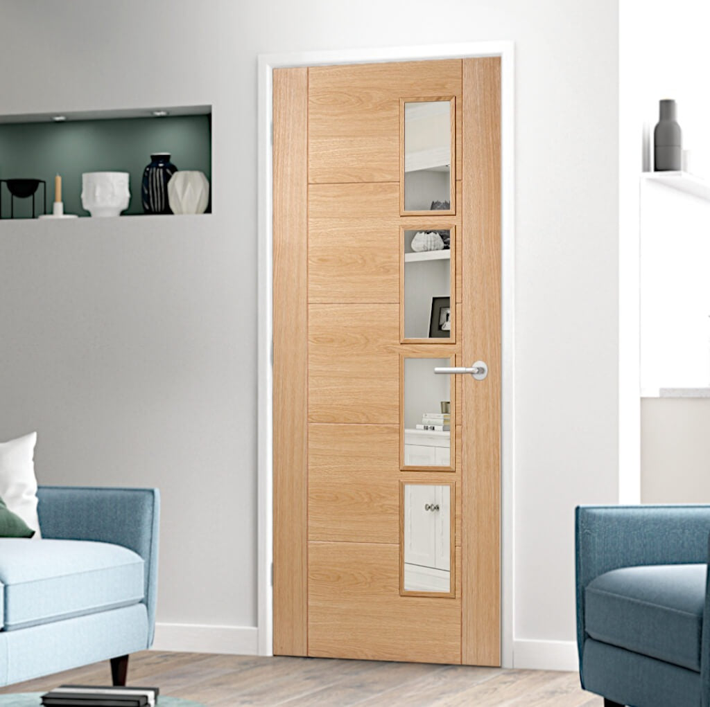 Oak 6006 offset glazed door with horizontal and vertical V grooves which create five horizontal panels, four large offset clear glazed panel create a modern and contemporary style. The image also have off white walls and grained light coloured laminate flooring