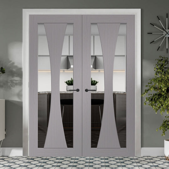 Verona Light Grey French Doors with Clear Curved Glass
