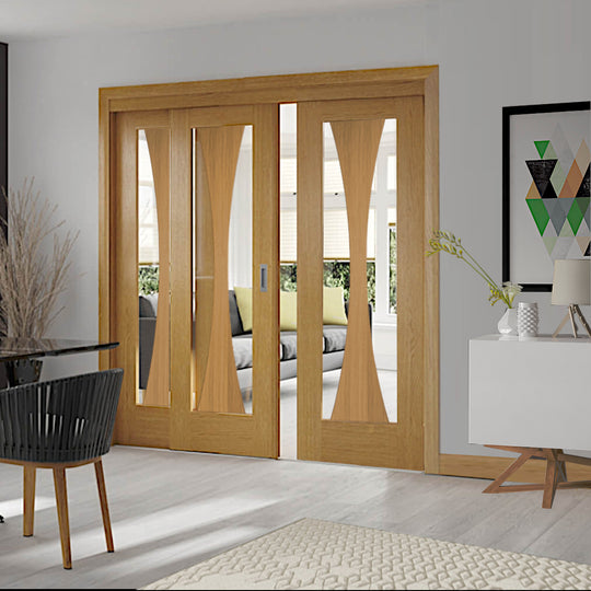 Oak Verona Sliding Door System with 2 Fixed Verona Panels