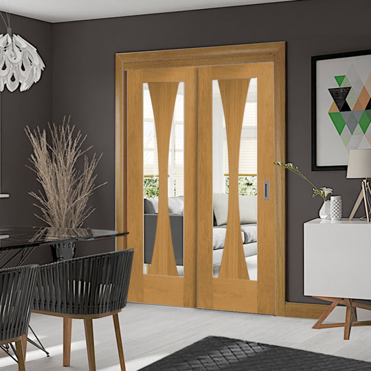 Oak Verona Sliding Door System with Fixed Verona Panel
