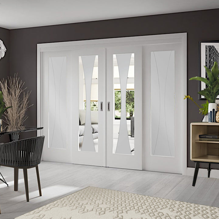 Sliding Room Divider with White Verona Glazed & Solid Panel Doors 