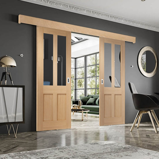 Victorian Oak Shaker Double Sliding Door System Clear Glazed