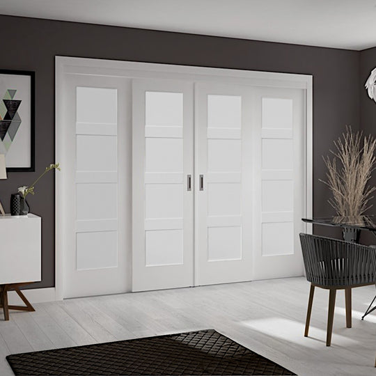 Sliding Room Divider with White Shaker 4 Panel Doors